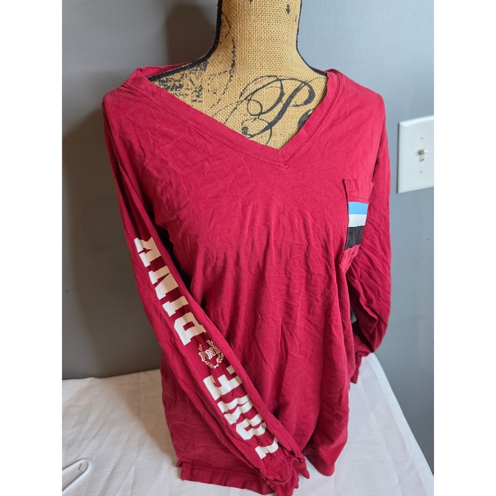 Victorias Secret PINK Red Long Sleeve V-Neck Pocket T-Shirt Love Pink Graphic S